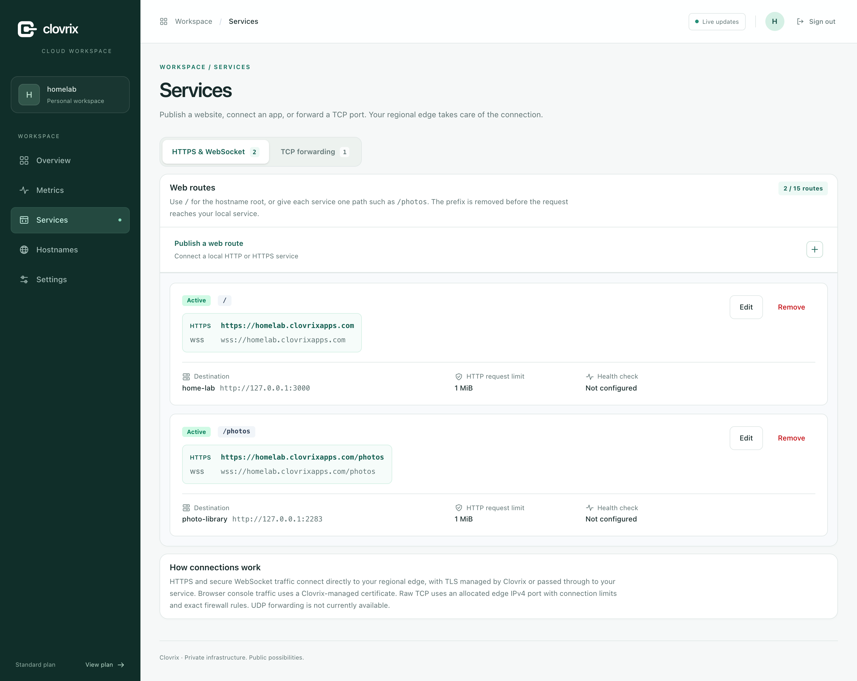 Clovrix Services showing sample HTTPS and WebSocket routes, their upstream servers, and route status.